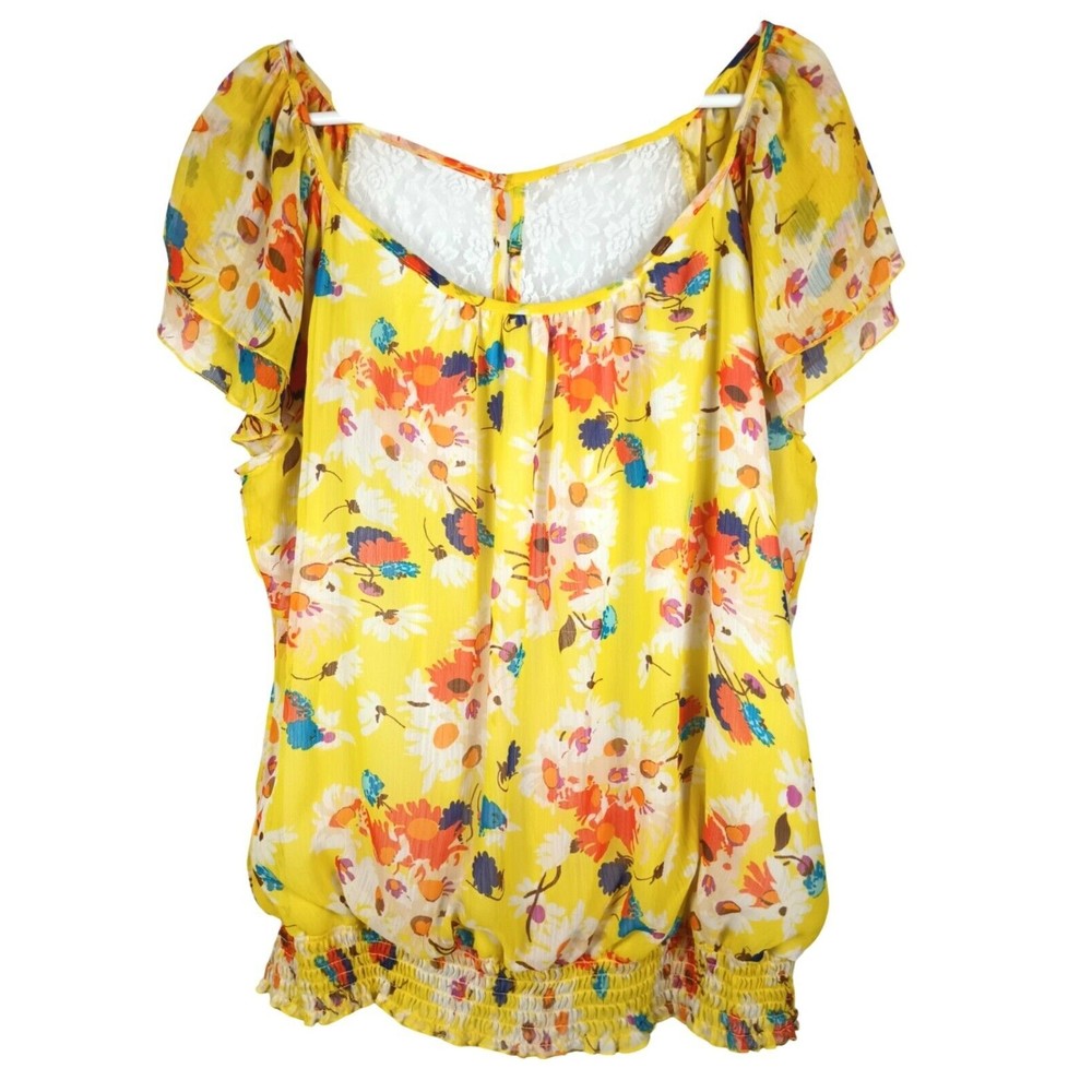 Belle Du Jeur Women Sz 2X Yellow Floral Sheer Top Laced Back